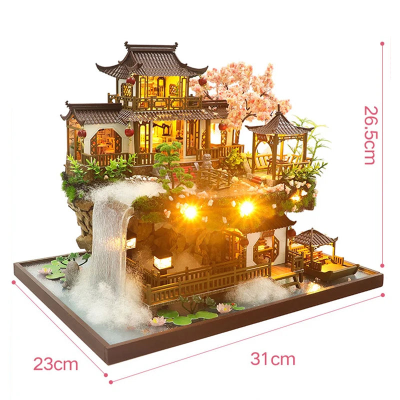 DIY Wooden Chinese Ancient Casa Miniature Building Kits Bookend With Lights Assembled Bookshelf Home Decoration Friends Gifts SS69