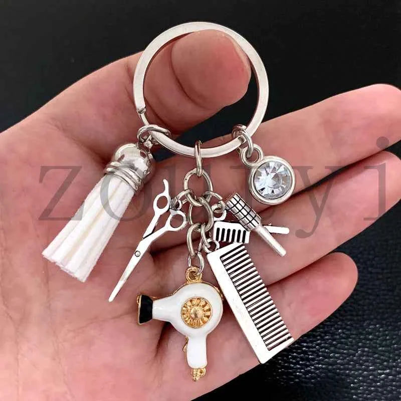 New fashion hairstyle gift charm tassel keychain retro jewelry mini hairdressing scissors hair dryer comb keychain DIY manual