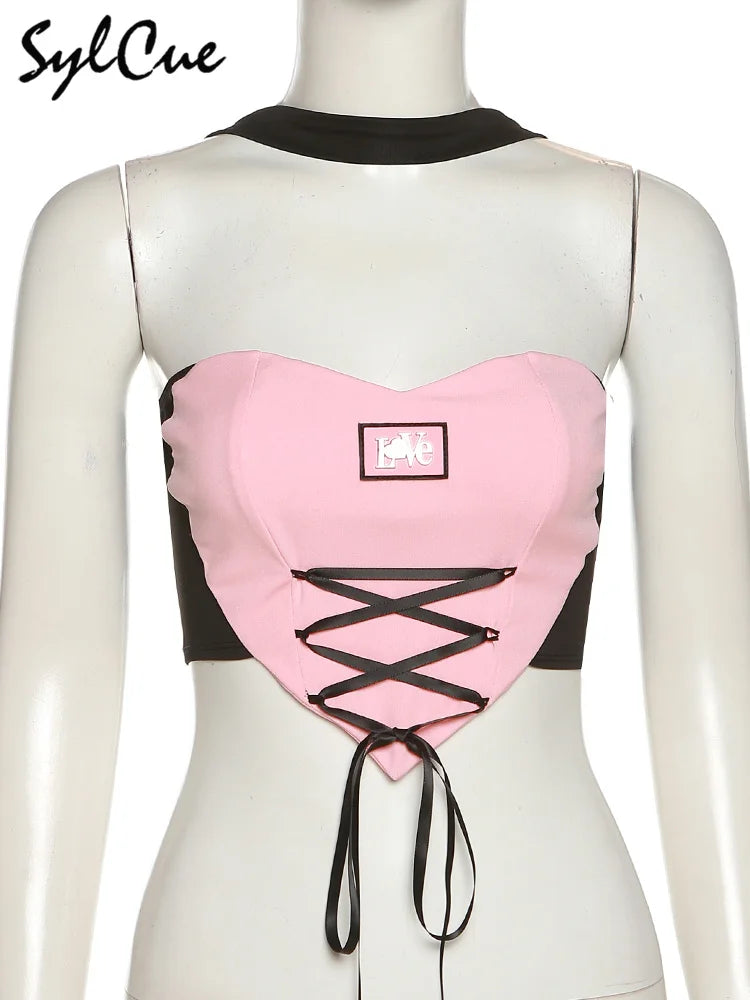 Sylcue Stitching Pink Sexy Hanging Neck Elastic Outer Wear Mature Charm Hot High Street Royal Sister Women's Vest Short Top SS69