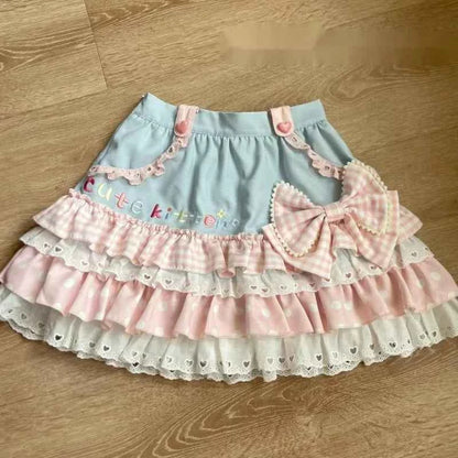 Y2K JK Lolita Japan Kawaii Girl Cute Sweet Lace T-shirt Lolita Print Tops Bow Cake Blouse  A-line Spliced Cake Skirt New Chic