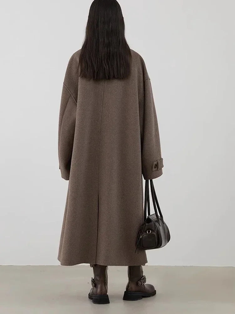 CHIC VEN Women Long Woolen Coats Single Breasted Loose Stand Collar Cow Horn Buttoned Office Ladies Overcoat Autumn Winter 2026