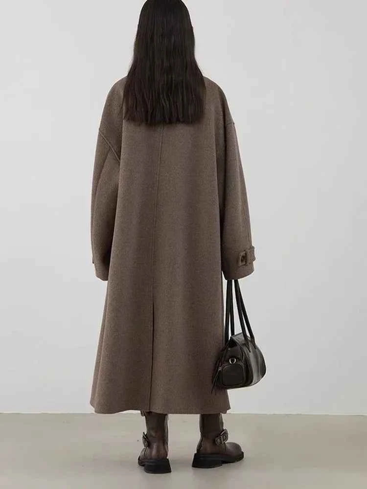 CHIC VEN Women Long Woolen Coats Single Breasted Loose Stand Collar Cow Horn Buttoned Office Ladies Overcoat Autumn Winter 2026