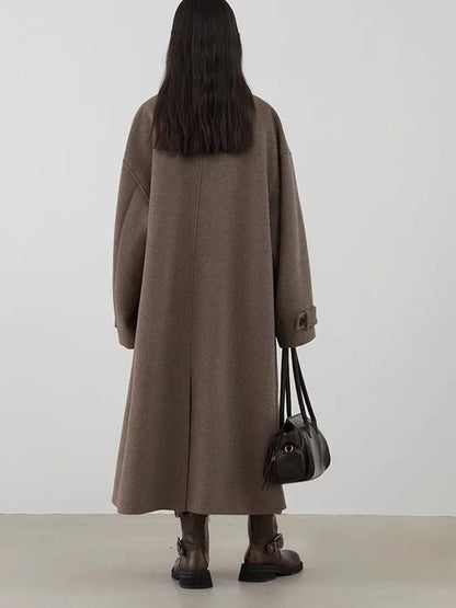 CHIC VEN Women Long Woolen Coats Single Breasted Loose Stand Collar Cow Horn Buttoned Office Ladies Overcoat Autumn Winter 2026