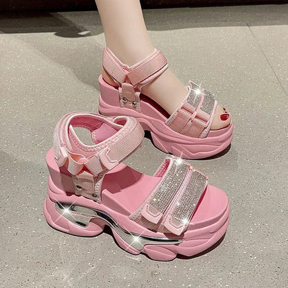 Summer High Platform Women Sandals Buckle 10CM Wedges Bling Shoes Fashion 2023 Outside Chunky Sandals Beach Casual Slides Woman SS69