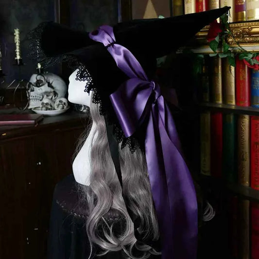 Handmade Lace Witch Pointed Hats Bandage Bow Wizard Hat Adult Gothic Lolita Cosplay Costume Halloween Party Bucket Hat