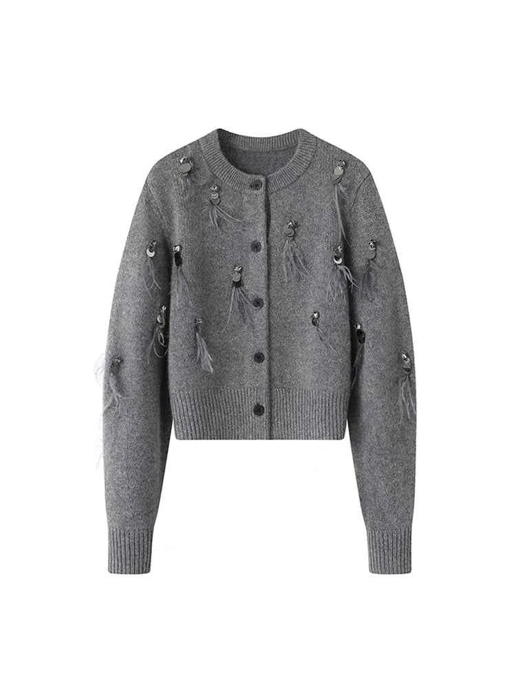 H Han Queen Autumn Simple Basic Black Tasseled Sequins Knitted Coats Cardigan Sweater For Womens Tops Long Sleeve Cardigans