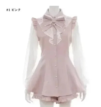 Geyalovvy Women's Lolita Sailor Collar Plaid Rhinestone Bow Two-Piece Set