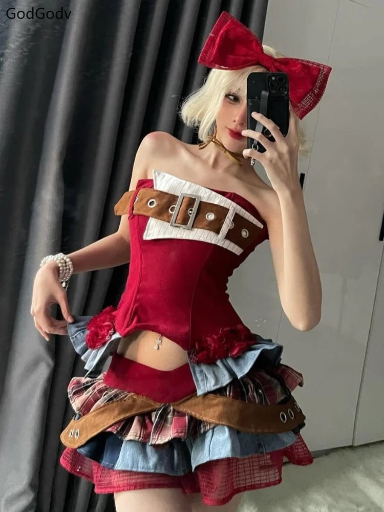Preppy Style Vintage Red Denim Bustier Tops + Sweet Spicy Pure Design Mini Cake Skirt Women 2 Piece Sets Summer 2025 Korea Style SS69