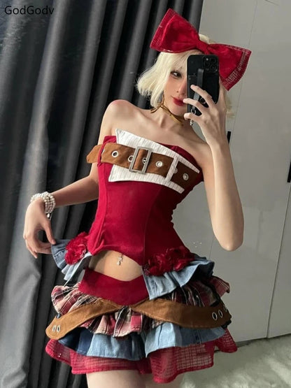 Preppy Style Vintage Red Denim Bustier Tops + Sweet Spicy Pure Design Mini Cake Skirt Women 2 Piece Sets Summer 2025 Korea Style SS69