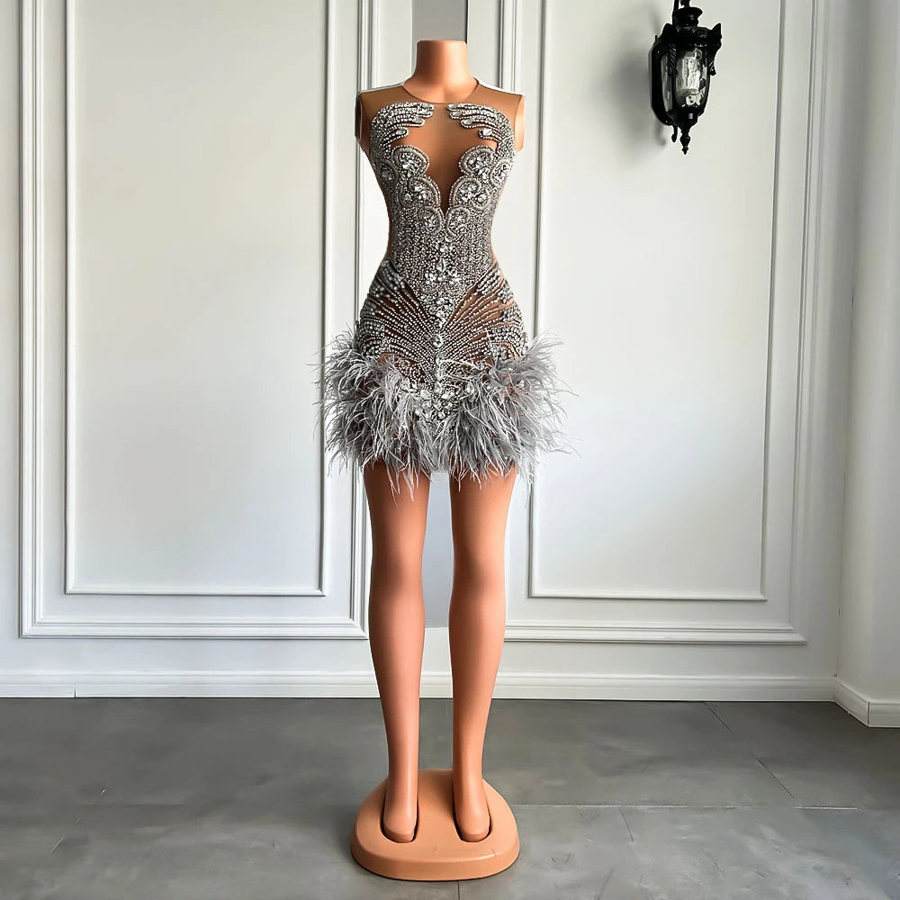Stunning Sparkly Luxury Diamond Women Birthday Party Cocktail Gowns Sexy Sheer Pink Feather Mini Short Prom Dresses 2025 SS69 233.69 Silver / 8