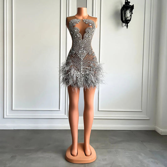 Stunning Sparkly Luxury Diamond Women Birthday Party Cocktail Gowns Sexy Sheer Pink Feather Mini Short Prom Dresses 2025 SS69 233.69 Silver / 8