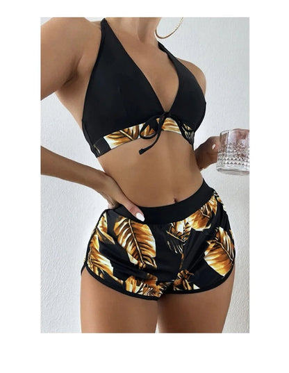 Women 2024 New Bikinis 6 Colors Sexy Halter Bikini 3 Piece Set Leafs Print High Waisted Swimsuit Beach Bathing Suit Size S-XXL SS69