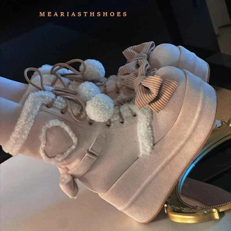 pink Sweet Winter Girls Lolita Mid-Calf Snow Boots,Cute Female Students Plush Warm Bowknots Lace Up Wedge Heel Heightening Shoes