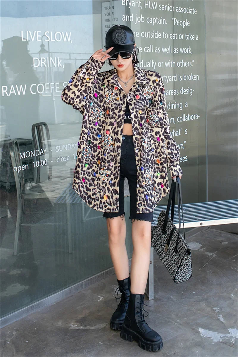 Harajuku Vintage Pearl Beaded Diamonds Leopard Print Women Thin Shirt Jacket Loose Casual Lapel Long Sleeve Female Jacket Coat SS69