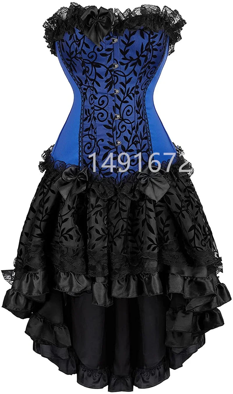 Plus Size Vintage Floral Lace Corset Bustier & Skirt Set - Green
