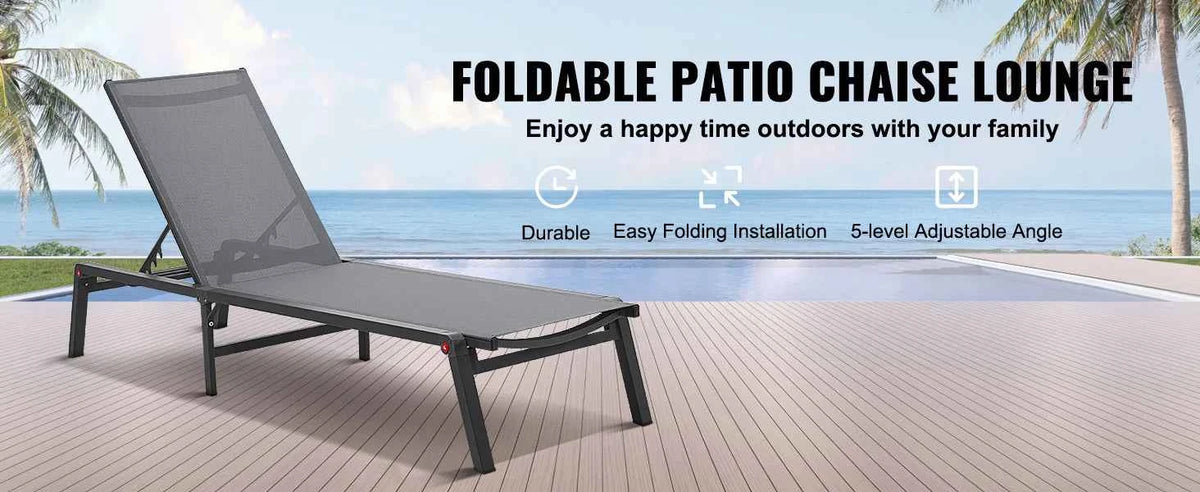 SucceBuy Chaise Lounge Chair Outdoor Aluminum Patio LoungeFolding Pool Lounge Recliner Full Flat for Patio Beach Pool Dark Grey