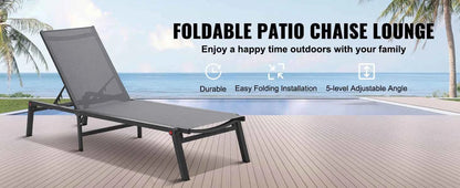 SucceBuy Chaise Lounge Chair Outdoor Aluminum Patio LoungeFolding Pool Lounge Recliner Full Flat for Patio Beach Pool Dark Grey
