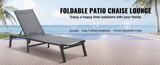 SucceBuy Chaise Lounge Chair Outdoor Aluminum Patio LoungeFolding Pool Lounge Recliner Full Flat for Patio Beach Pool Dark Grey