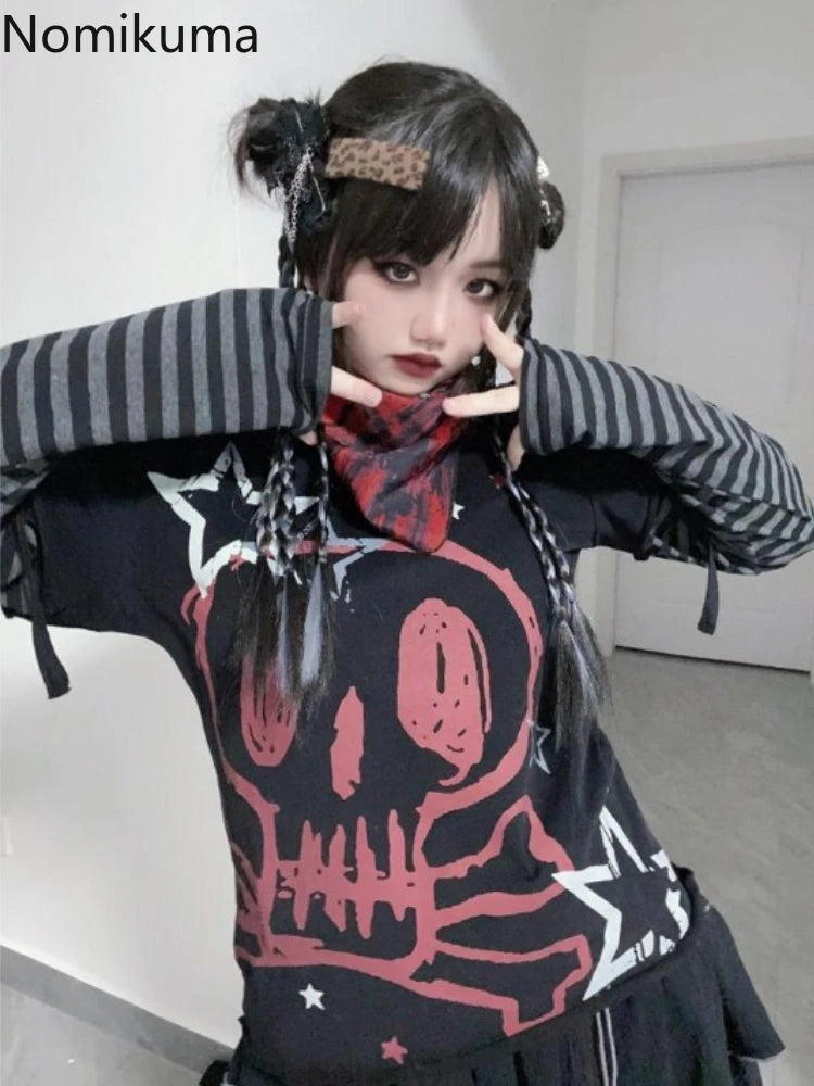 Oversized T Shirt Women's Clothing Chic Fake Two Tees 2025 Ropa Mujer Anime Punk Camisetas Skull Y2k Tops Casual Fashion T-shirt SS69