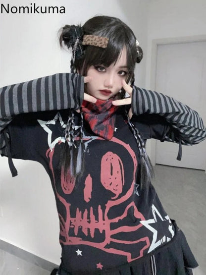 Oversized T Shirt Women's Clothing Chic Fake Two Tees 2025 Ropa Mujer Anime Punk Camisetas Skull Y2k Tops Casual Fashion T-shirt SS69