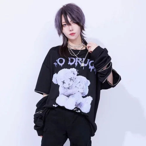 Harajuku Printed Black Zipper Hoodie