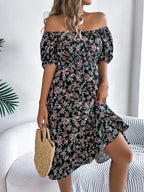 Summer Women's Beach Dress Floral 3D Print Square Neck Short-Sleeved Ladies Waist Ruffled A-Line Dress For Women Holiday Dresses