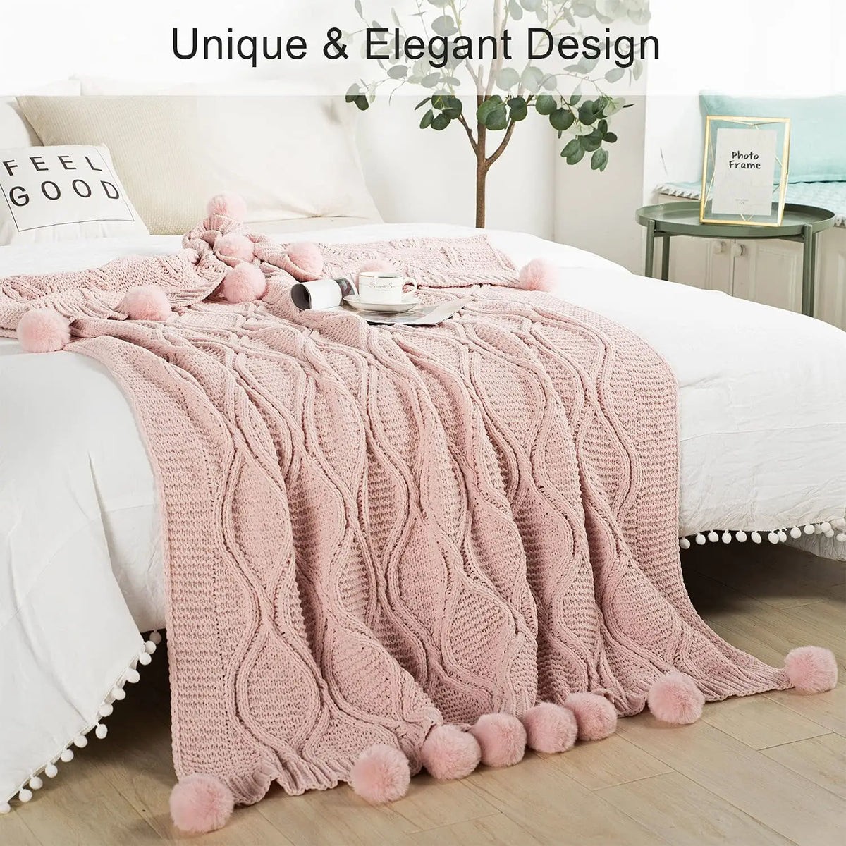 SS69 Chunky Chenille Knit Throw Blanket with Pom Poms, 130x170cm