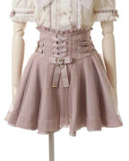 Japanese Liz New Summer Lace Edge Leather Ring High Waist Pleated Skirt Ribbon Bow All-match Short Skirts Big Bow Lolita Blouses