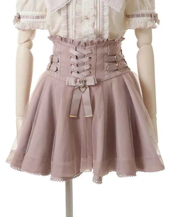 Japanese Liz New Summer Lace Edge Leather Ring High Waist Pleated Skirt Ribbon Bow All-match Short Skirts Big Bow Lolita Blouses