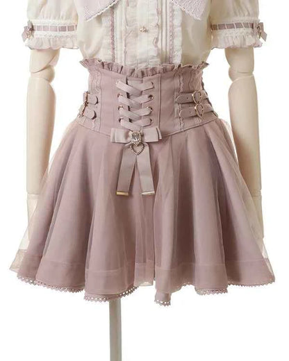 Japanese Liz New Summer Lace Edge Leather Ring High Waist Pleated Skirt Ribbon Bow All-match Short Skirts Big Bow Lolita Blouses