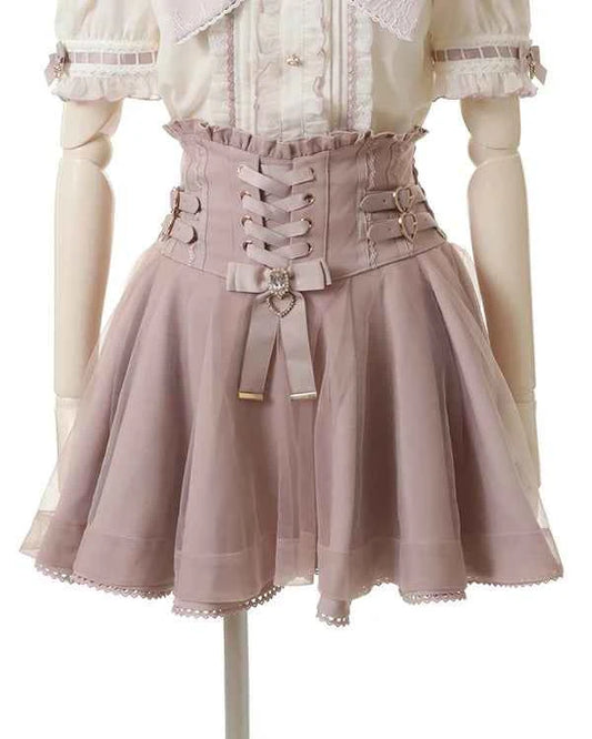Japanese Liz New Summer Lace Edge Leather Ring High Waist Pleated Skirt Ribbon Bow All-match Short Skirts Big Bow Lolita Blouses