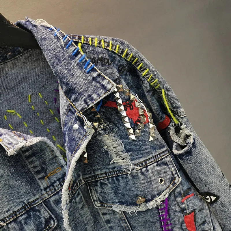 Women Diamonds Beaded Letters Graffiti Denim Coat Holes Rivets Tassels Jeans Bomber Jacket Casual Eyelet Cowboy Cardigan Jaqueta SS69