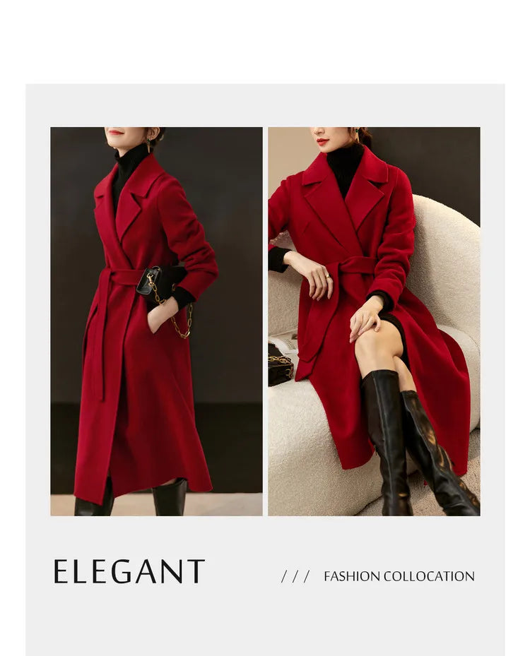 SENTUBILA Women's 100% Wool Long Wrap Coat with Belted Waist