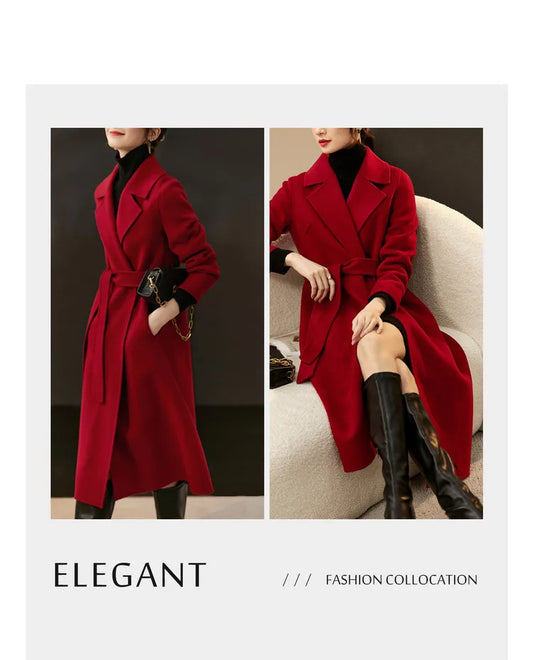 SENTUBILA Women 100% Wool Long Wrap Coat 2026 Elegant Notched Collar Belted Warm Double Faced Woolen Winter Overcoat W24O43352