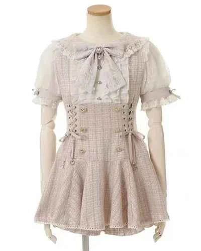 Japanese Mine Mass-Produced Short-Sleeve Shirt Dress Shorts Set Women Sweet Liz Doll Collar Bow Shirt Dress Two-Piece Suit