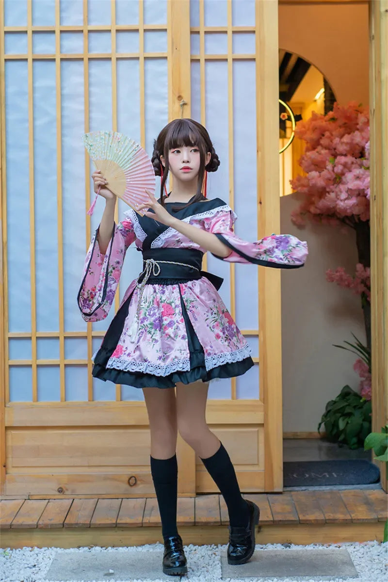 Traditional Japanese Kimono Dress for Women - Printed Pink