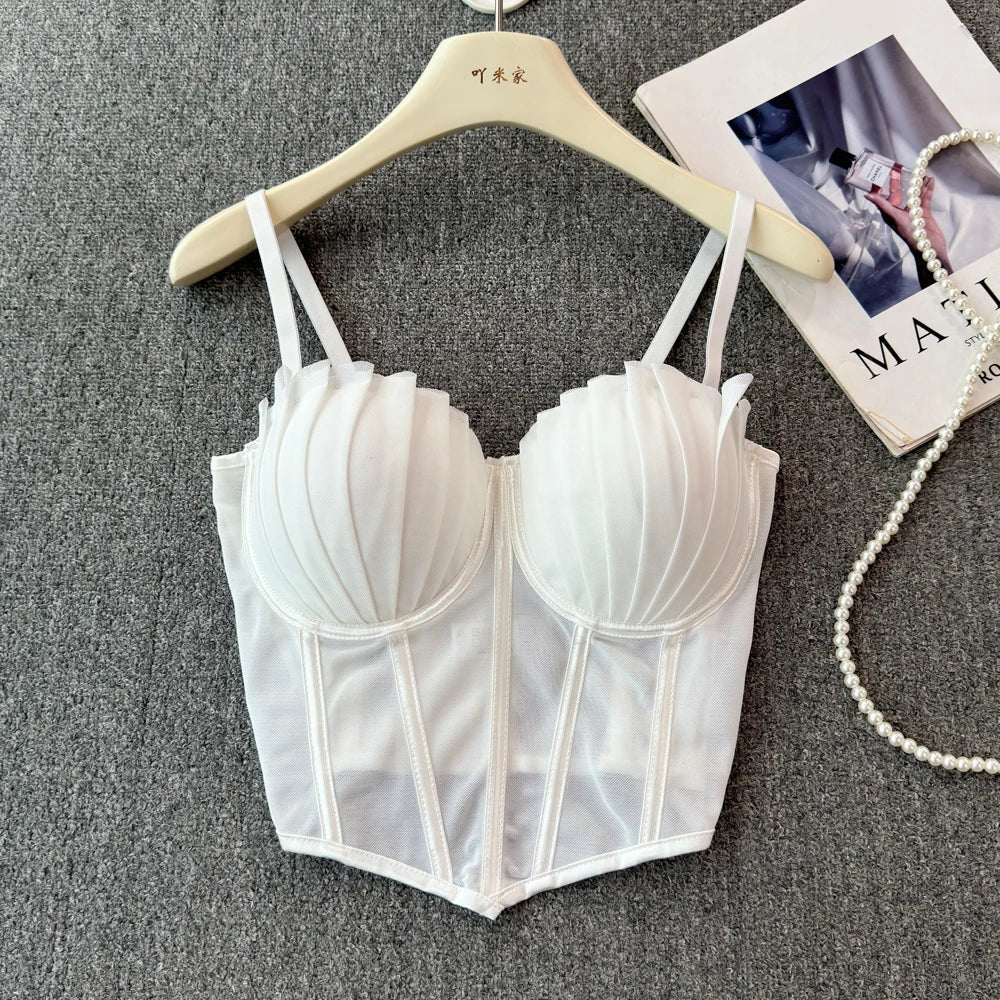 korean fashion mesh summer Fashion fishbone camis Corset  Slim Hotsweet Tank Top Women sweet crop top SS69
