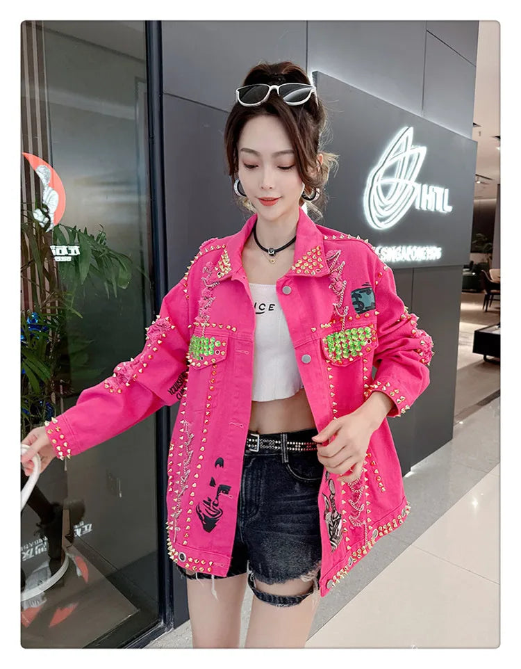 Women Graffiti Printed Rivets Denim Jacket Loose Holes Diamonds Jeans Coat Sequined Cowboy Ripped Streetwear Cardigan Ins Tops SS69