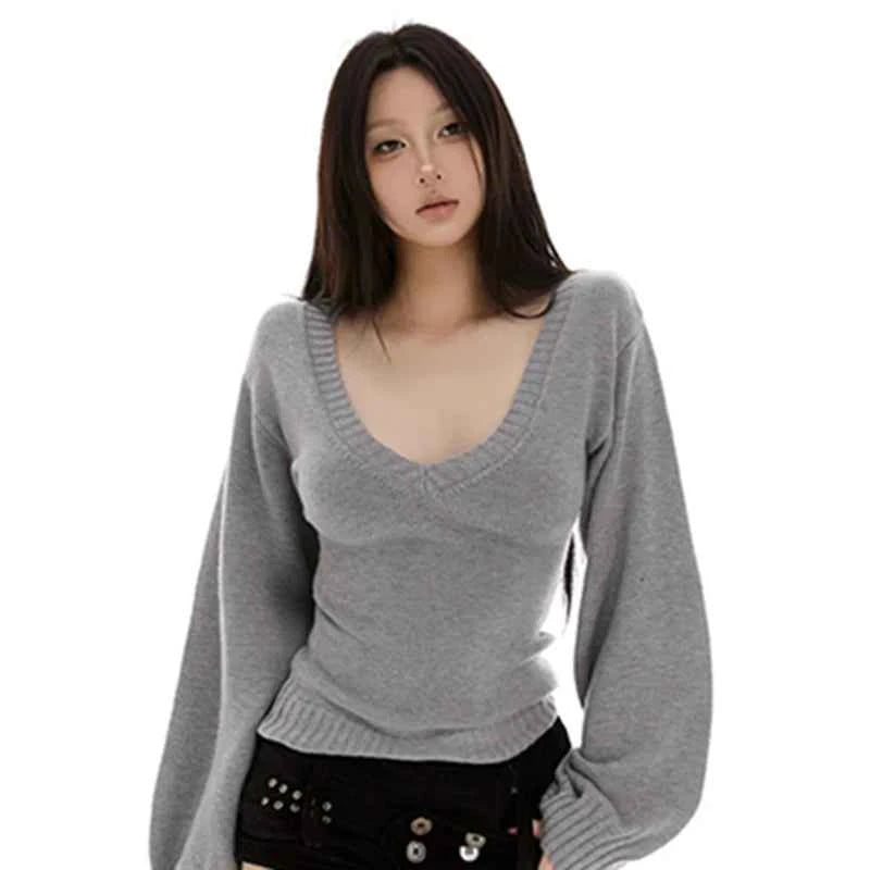 Streetwear Sweater Women Fashion Sexy V Neck Knitted Pullovers Y2K Korean Lantern Long Sleeve Knitwears Autumn Winter Jumpers
