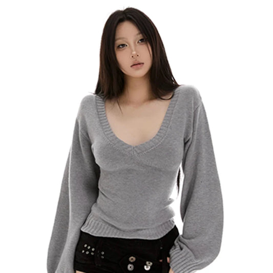 Streetwear Sweater Women Fashion Sexy V Neck Knitted Pullovers Y2K Korean Lantern Long Sleeve Knitwears Autumn Winter Jumpers