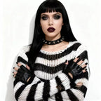 New Women's Punk Gothic Oversized Pullover Sweater Striped Hollow out Cool Harajuku Aesthetics Spring Autumn