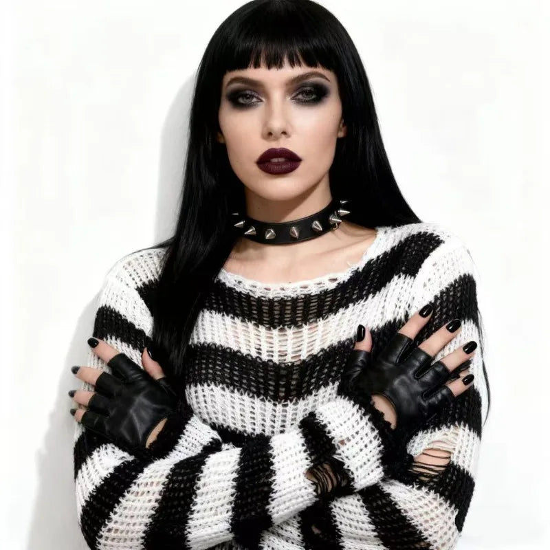 New Women's Punk Gothic Oversized Pullover Sweater Striped Hollow out Cool Harajuku Aesthetics Spring Autumn