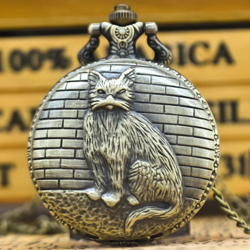 Vintage Bronze Clamshell Creative Handsome Cat Design Necklace Quartz Pocket Watch Gift Universal Male And Female Students SS69