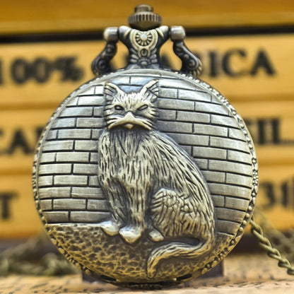 Vintage Bronze Clamshell Creative Handsome Cat Design Necklace Quartz Pocket Watch Gift Universal Male And Female Students SS69