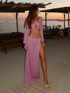 Sexy Knit Swimsuit Cover Up Two Piece 2026 Women V-neck Long Sleeve Lace-up Top Slit Beach Half Skirt Set Holiday Beachwear K279