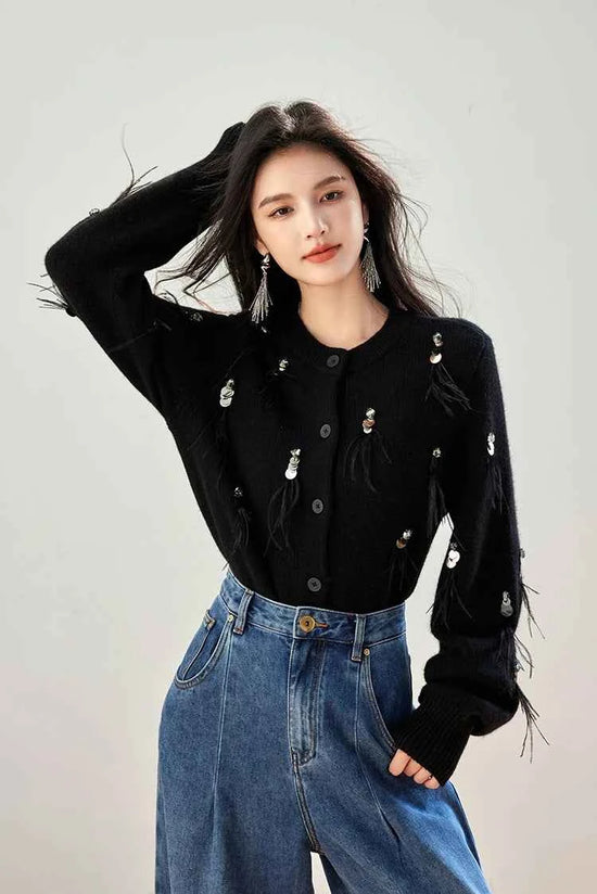 H Han Queen Autumn Simple Basic Black Tasseled Sequins Knitted Coats Cardigan Sweater For Womens Tops Long Sleeve Cardigans