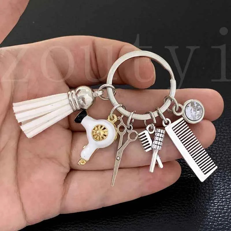 New fashion hairstyle gift charm tassel keychain retro jewelry mini hairdressing scissors hair dryer comb keychain DIY manual