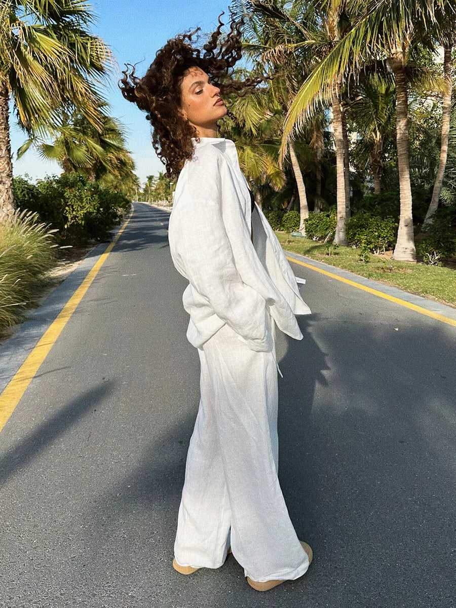 Bornladies Women's Cotton Long Sleeve Shirt & Wide Leg Pants Set