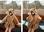 Lautaro Autumn Winter Thick Warm Sweet Cute Lace Patchwork Faux Fur Coat Hoodie Women with Deer Ears Horn Buttons Fluffy Jacket