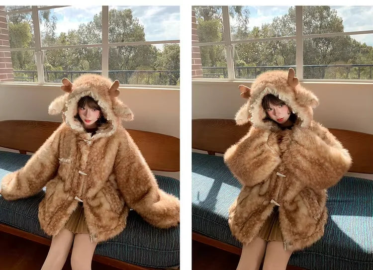 Lautaro Autumn Winter Thick Warm Sweet Cute Lace Patchwork Faux Fur Coat Hoodie Women with Deer Ears Horn Buttons Fluffy Jacket